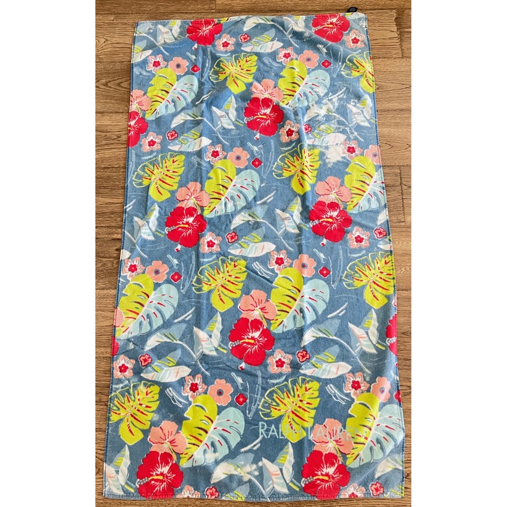 Ralph Lauren Tropical Floral Beach Towel Blue Hibiscus Monstera Cotton Brazil